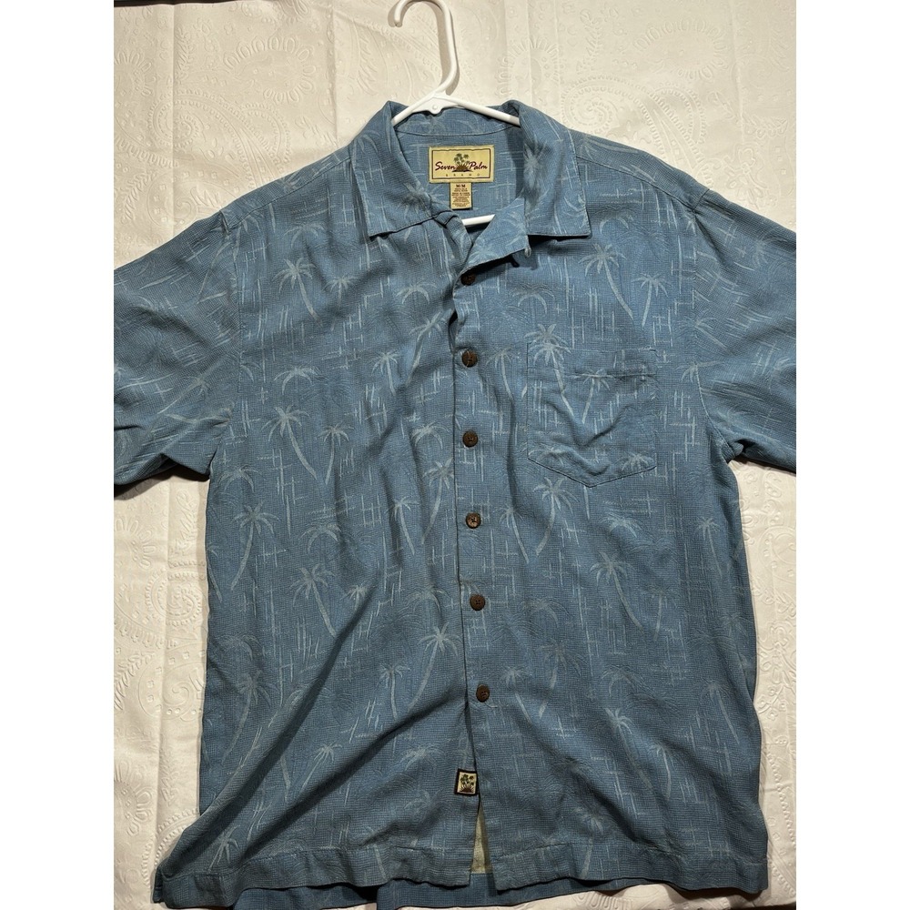 Seven Palm Brand Men's Blue Silk Hawaiian Palm Tree Short Sleeve Button-Up M